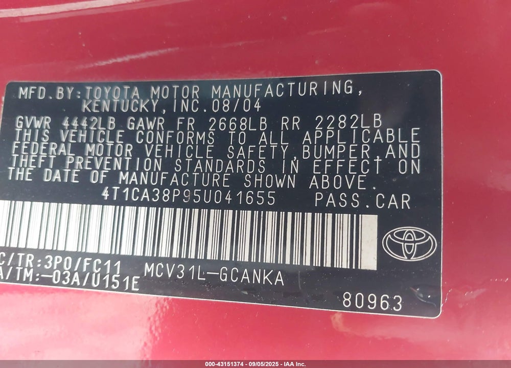 2005 TOYOTA CAMRY SOLARA SE SPORT V6 VIN: 4T1CA38P95U041655