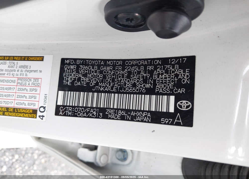 2018 TOYOTA COROLLA VIN: JTNKARJE1JJ565076