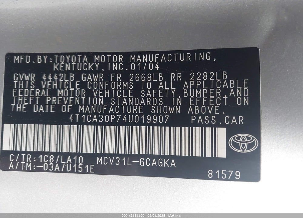 2004 TOYOTA CAMRY SOLARA SLE V6 VIN: 4T1CA30P74U019907