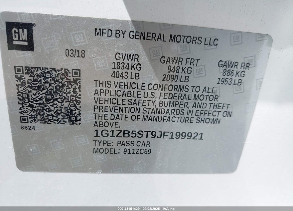 2018 CHEVROLET MALIBU 1LS VIN: 1G1ZB5ST9JF199921