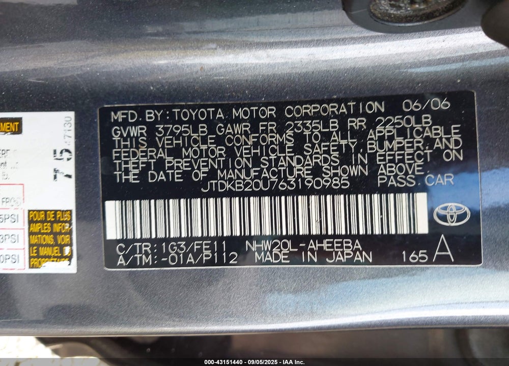 2006 TOYOTA PRIUS VIN: JTDKB20U763190985