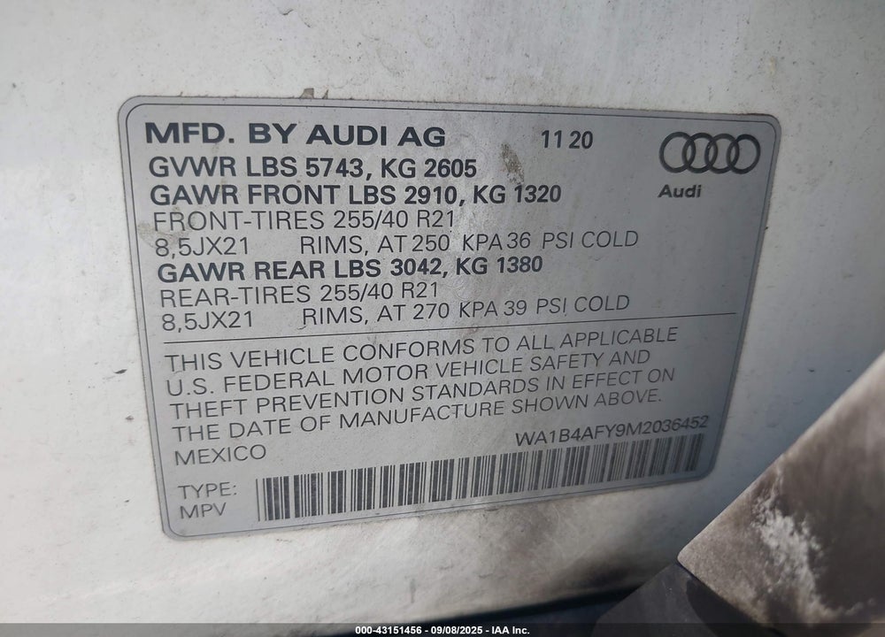 2021 AUDI SQ5 PREMIUM PLUS TFSI QUATTRO TIPTRONIC VIN: WA1B4AFY9M2036452