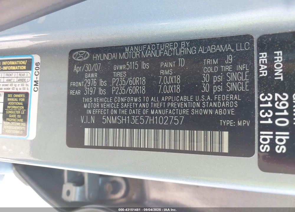 2007 HYUNDAI SANTA FE VIN: 5NMSH13E57H102757