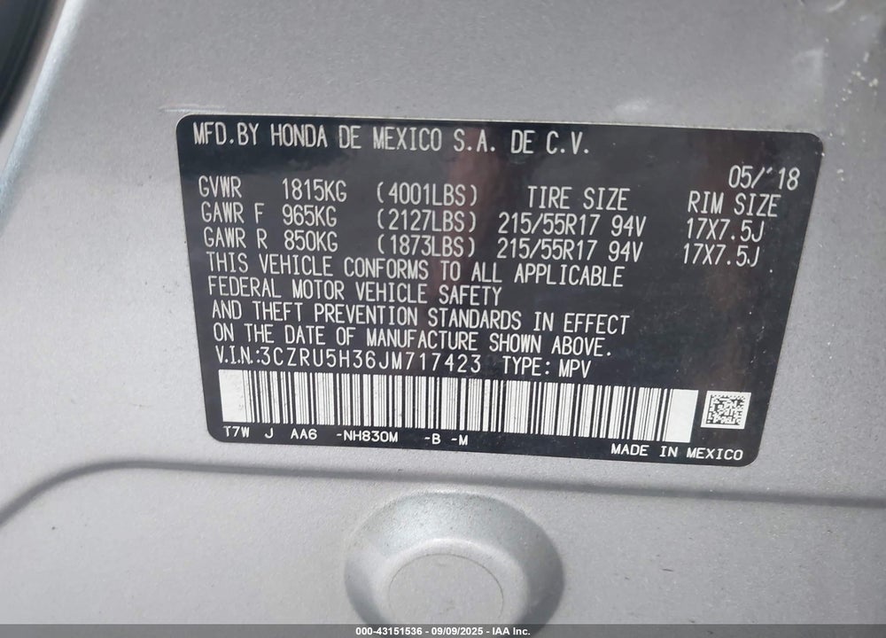 2018 HONDA HR-V VIN: 3CZRU5H36JM717423