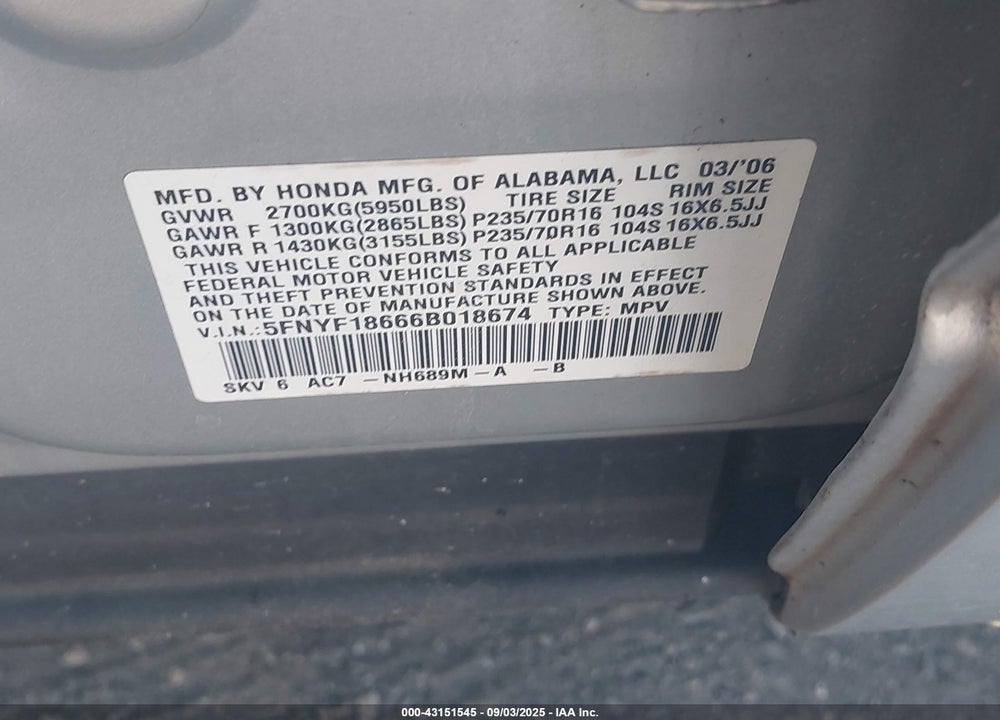 2006 HONDA PILOT EX-L VIN: 5FNYF18666B018674