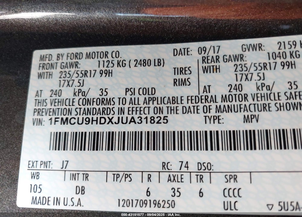 2018 FORD ESCAPE VIN: 1FMCU9HDXJUA31825
