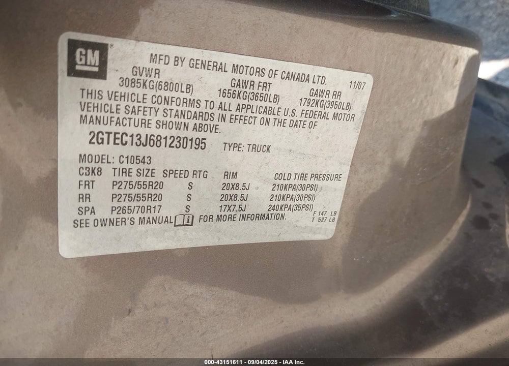 2008 GMC SIERRA 1500 SLE1 VIN: 2GTEC13J681230195