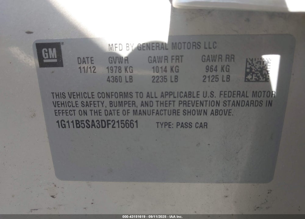 2013 CHEVROLET MALIBU VIN: 1G11B5SA3DF215661