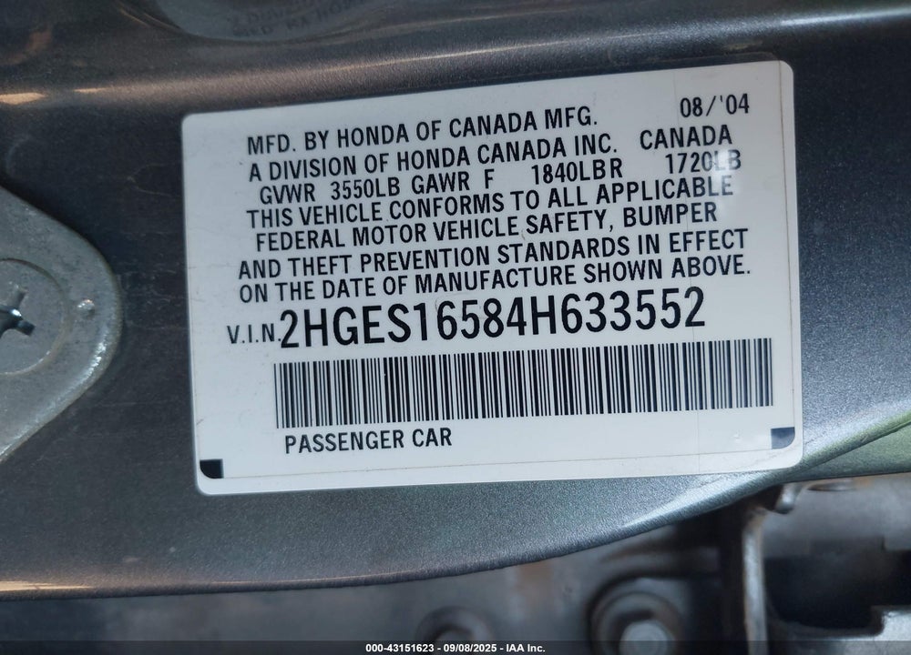 2004 HONDA CIVIC LX VIN: 2HGES16584H633552