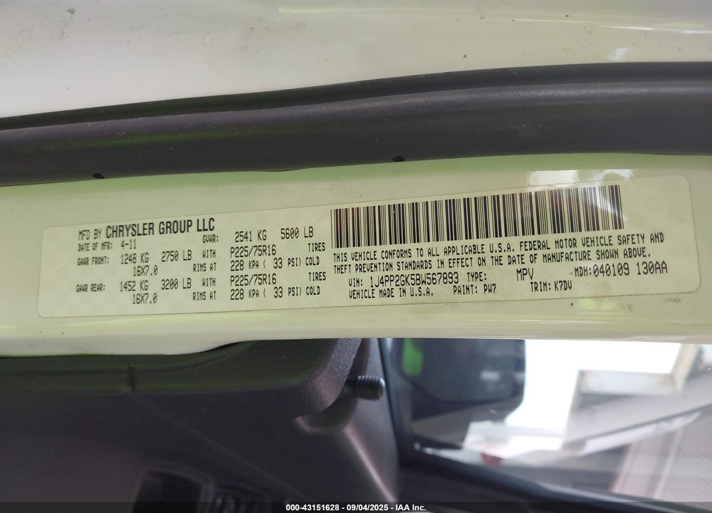 2011 JEEP LIBERTY VIN: 1J4PP2GK5BW567893