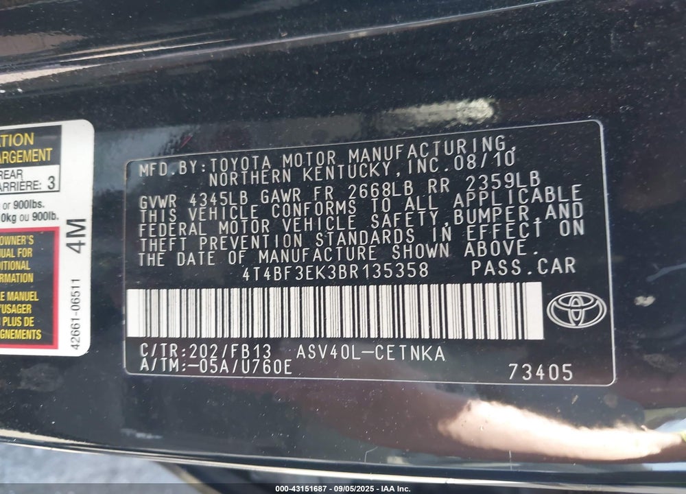 2011 TOYOTA CAMRY VIN: 4T4BF3EK3BR135358