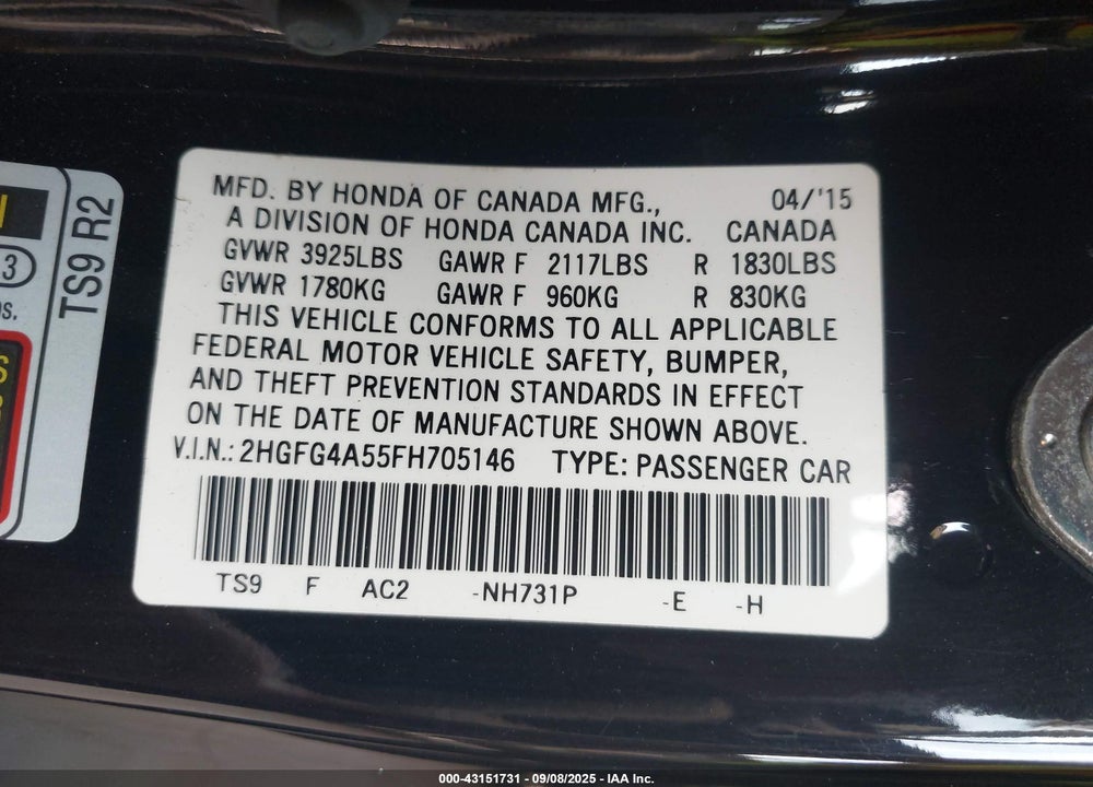 2015 HONDA CIVIC VIN: 2HGFG4A55FH705146
