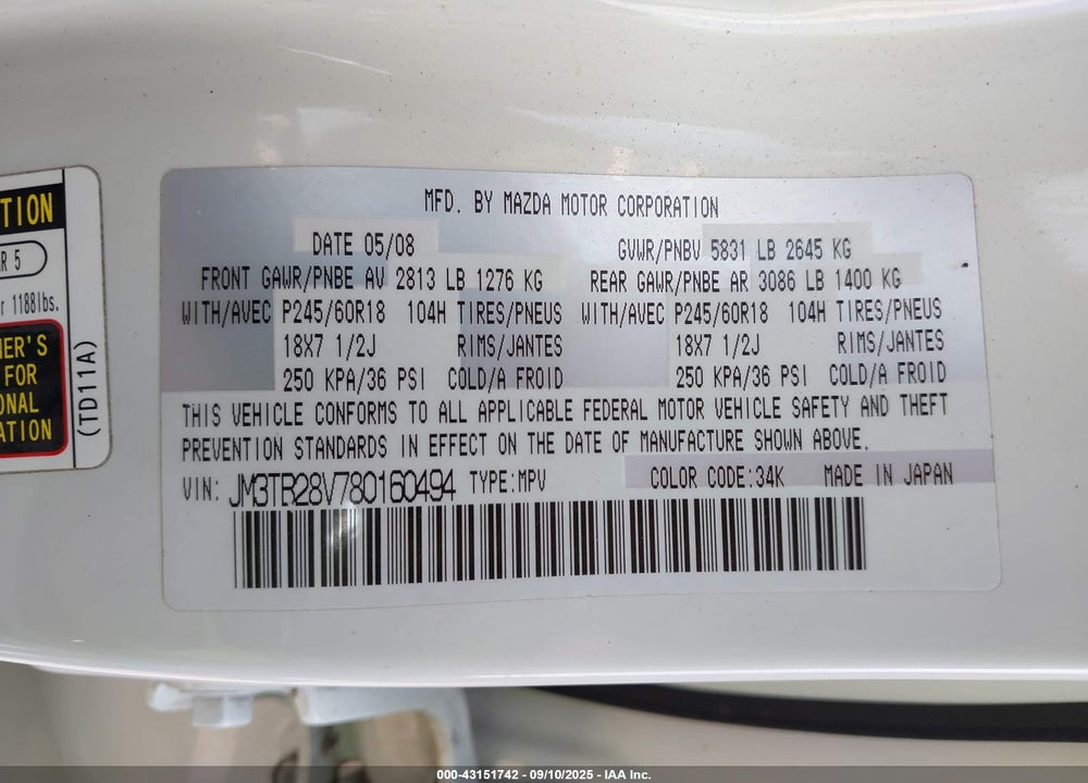 2008 MAZDA CX-9 TOURING VIN: JM3TB28V780160494