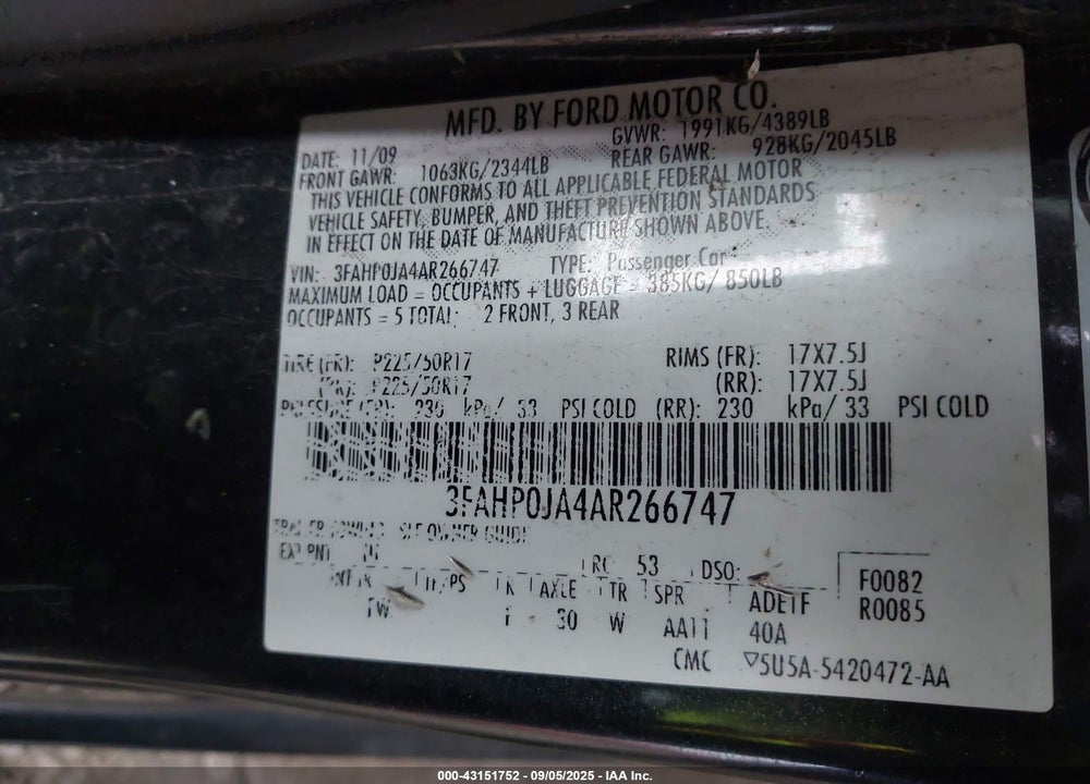 2010 FORD FUSION VIN: 3FAHP0JA4AR266747
