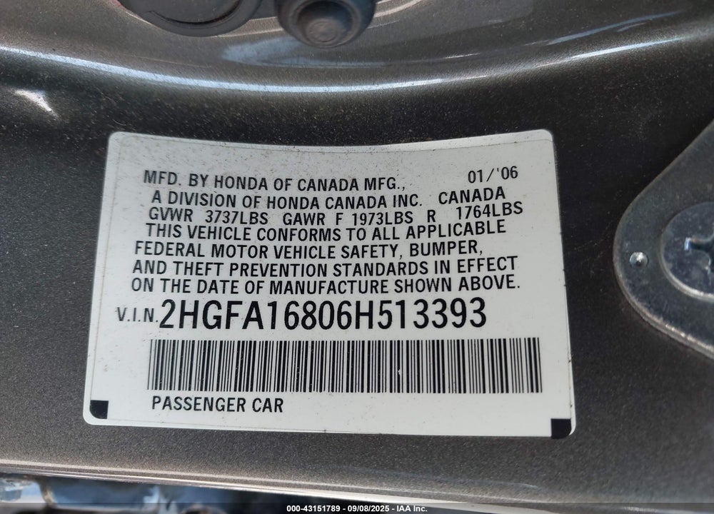 2006 HONDA CIVIC EX VIN: 2HGFA16806H513393