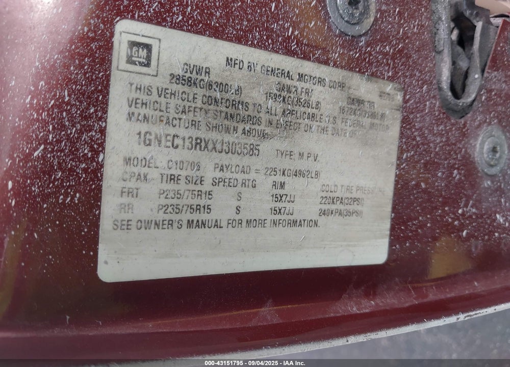 1999 CHEVROLET TAHOE LT VIN: 1GNEC13RXXJ303585