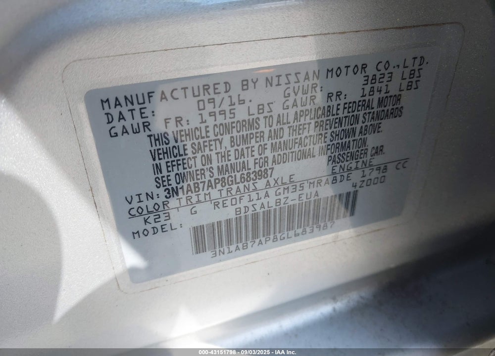 2016 NISSAN SENTRA VIN: 3N1AB7AP8GL683987