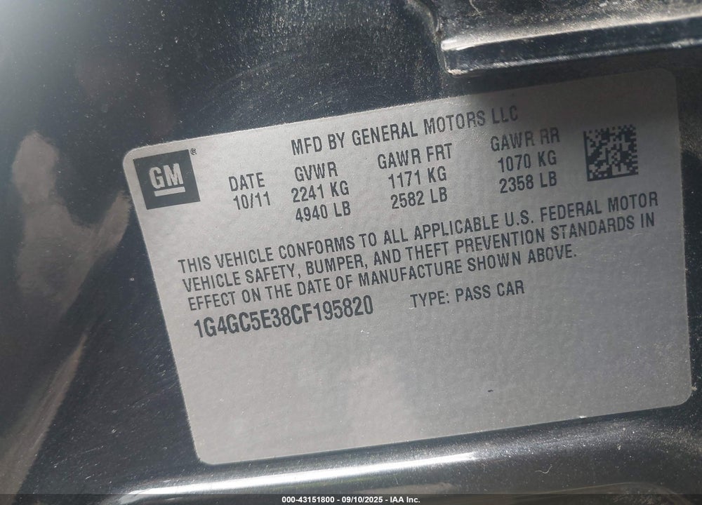 2012 BUICK LACROSSE VIN: 1G4GC5E38CF195820