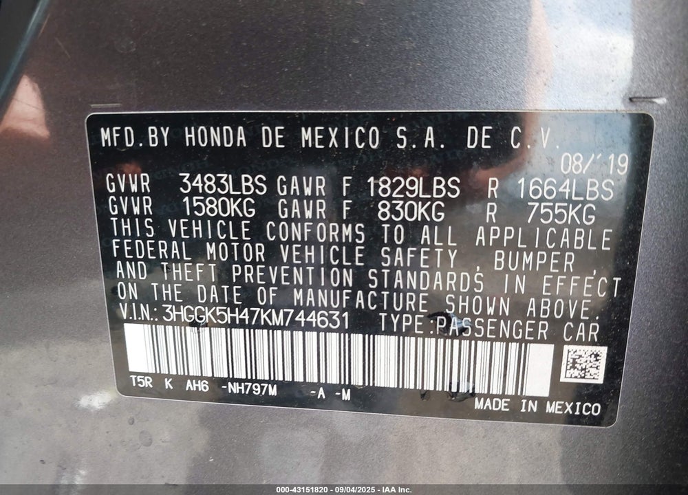 2019 HONDA FIT LX VIN: 3HGGK5H47KM744631