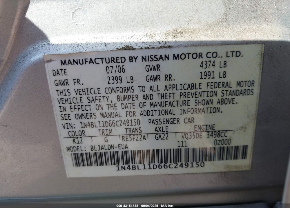 2006 NISSAN ALTIMA 3.5 SL VIN: 1N4BL11D66C249150