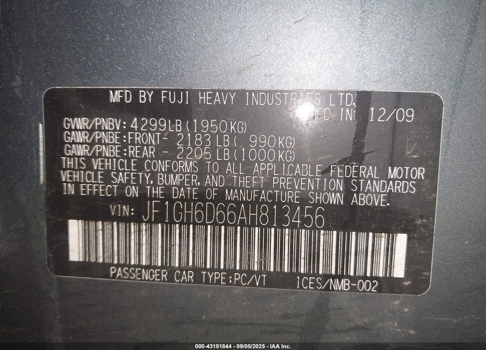 2010 SUBARU IMPREZA VIN: JF1GH6D66AH813456