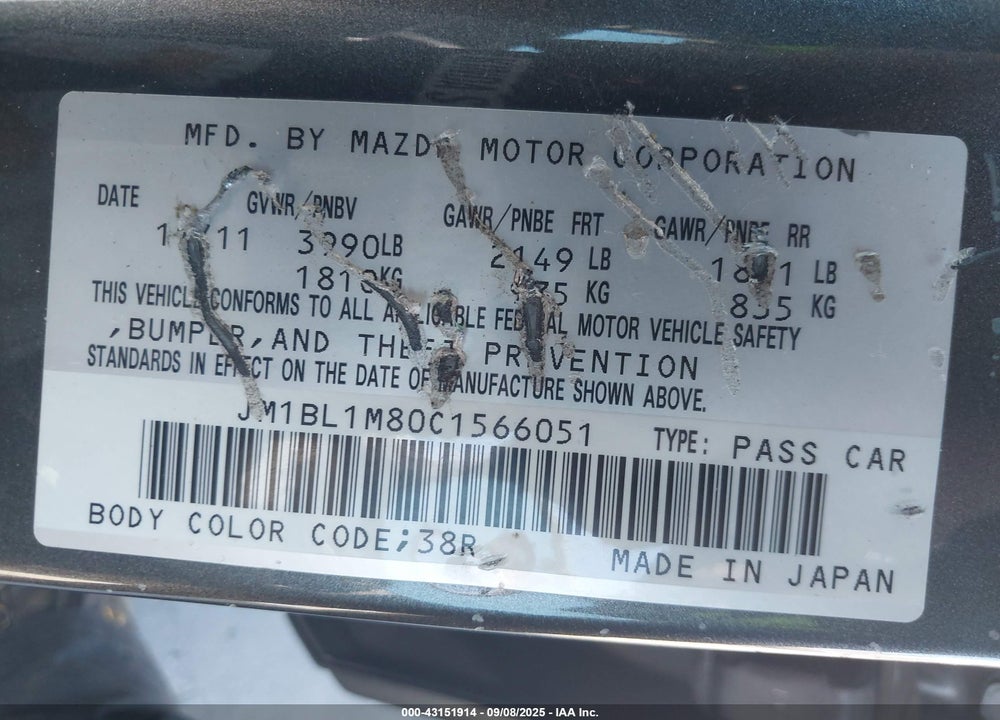 2012 MAZDA 3 VIN: JM1BL1M80C1566051