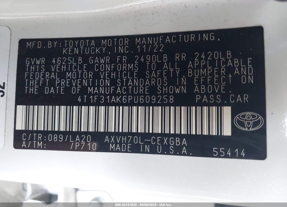 2023 TOYOTA CAMRY VIN: 4T1F31AK6PU609258