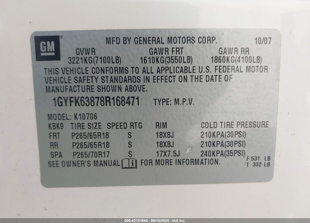 2008 CADILLAC ESCALADE STANDARD VIN: 1GYFK63878R168471