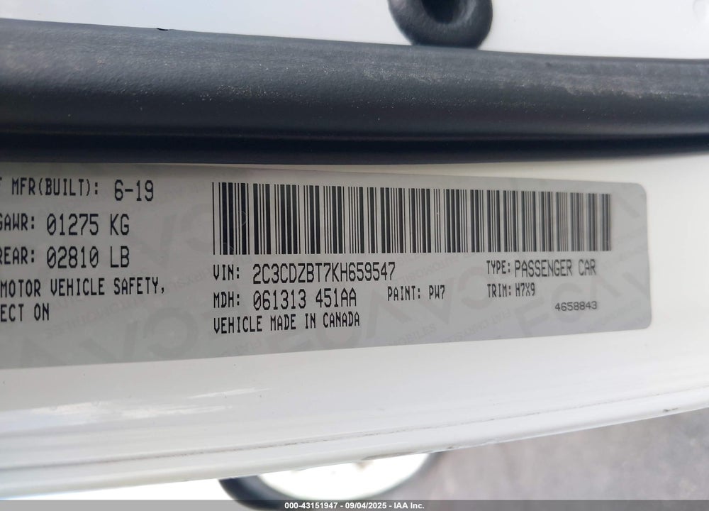 2019 DODGE CHALLENGER R/T VIN: 2C3CDZBT7KH659547