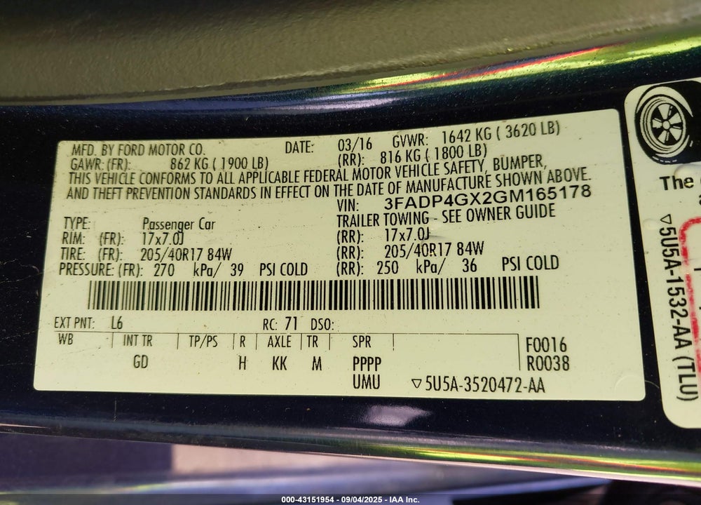 2016 FORD FIESTA VIN: 3FADP4GX2GM165178