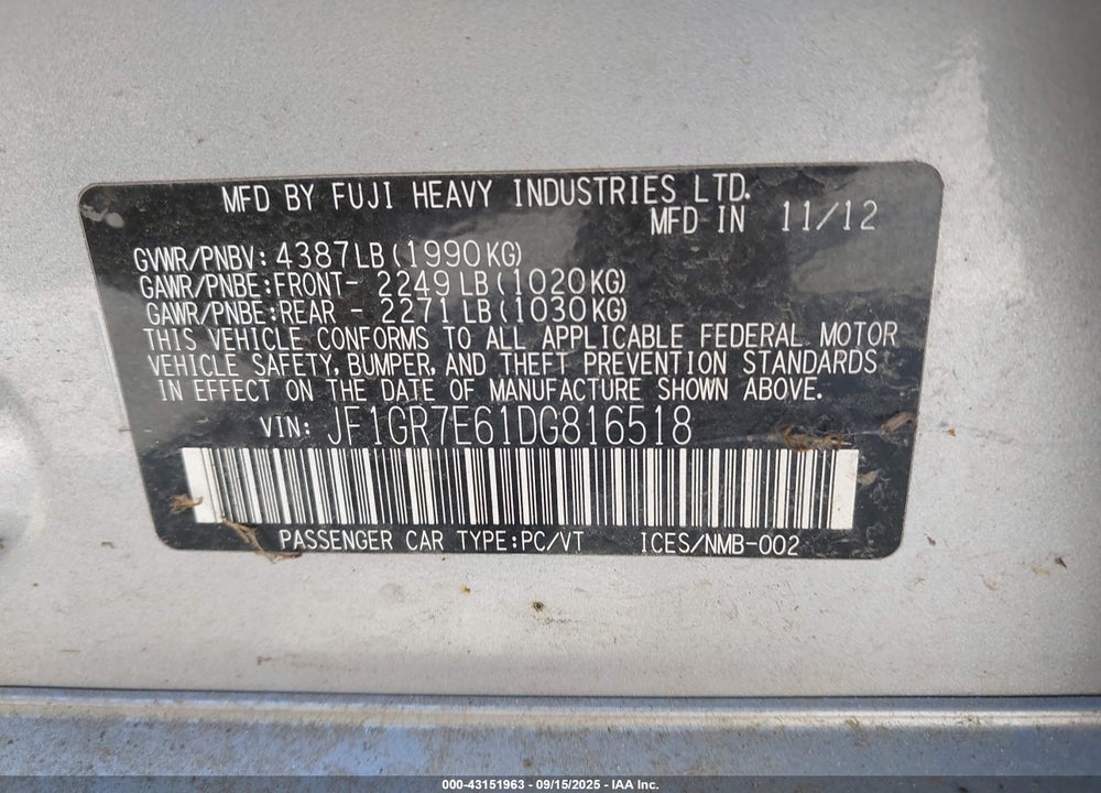 2013 SUBARU IMPREZA WRX LIMITED VIN: JF1GR7E61DG816518