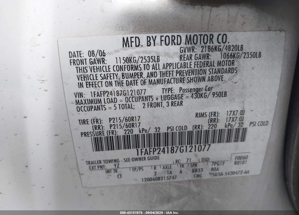 2007 FORD FIVE HUNDRED SEL VIN: 1FAFP24187G121077