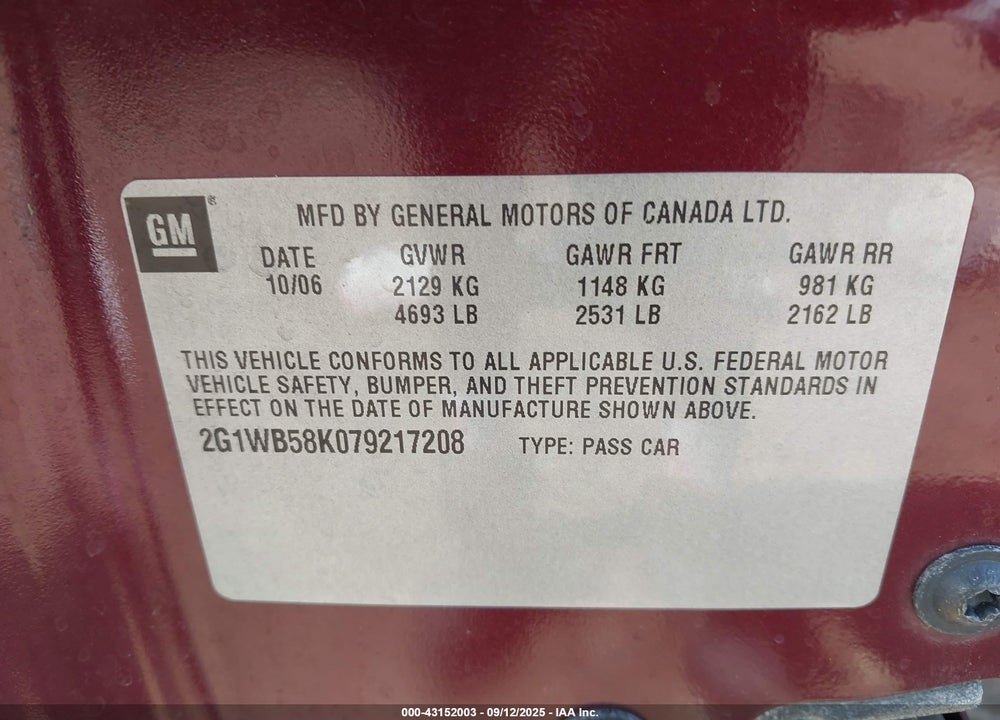 2007 CHEVROLET IMPALA LS VIN: 2G1WB58K079217208