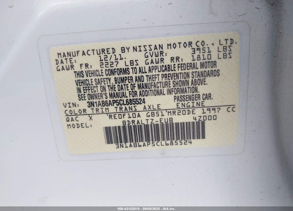 2012 NISSAN SENTRA VIN: 3N1AB6AP5CL685524
