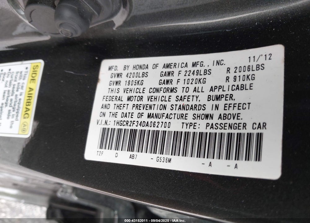 2013 HONDA ACCORD VIN: 1HGCR2F34DA062700