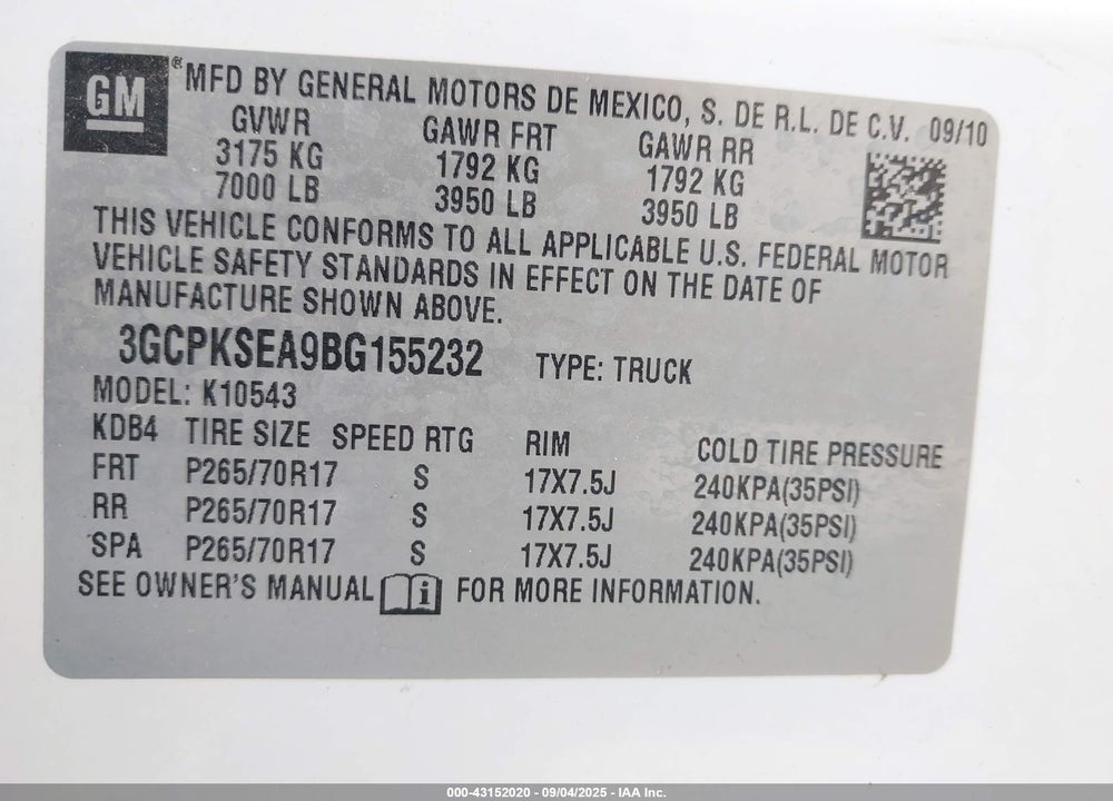 2011 CHEVROLET SILVERADO 1500 VIN: 3GCPKSEA9BG155232