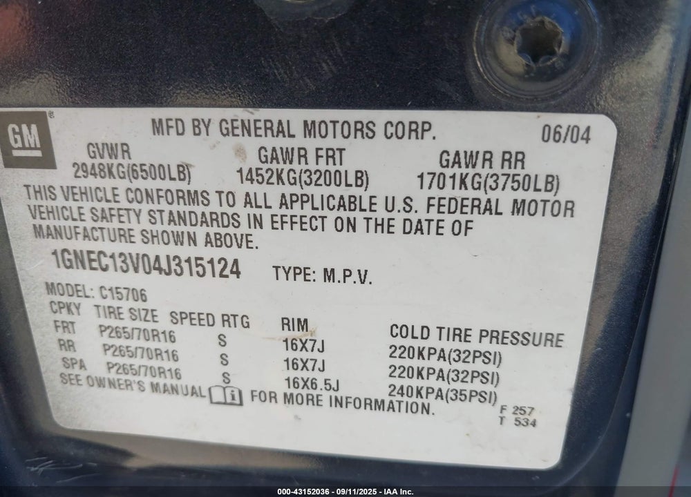 2004 CHEVROLET TAHOE LS VIN: 1GNEC13V04J315124