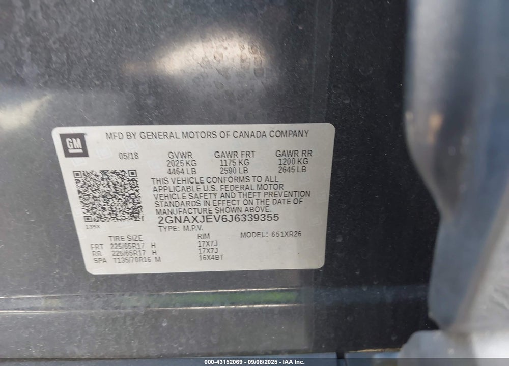 2018 CHEVROLET EQUINOX LT VIN: 2GNAXJEV6J6339355