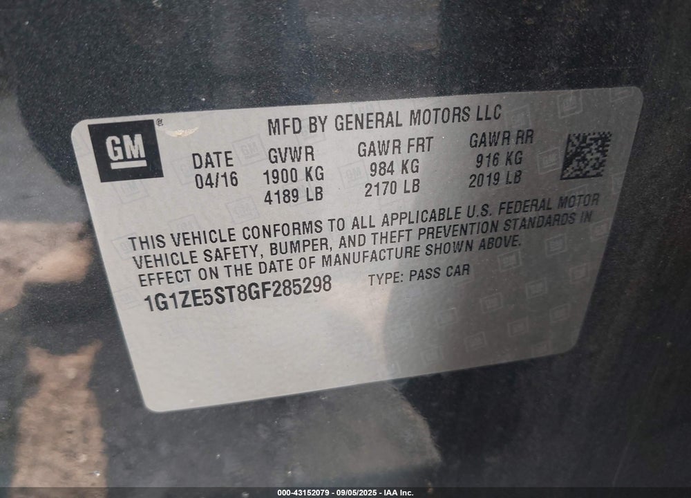 2016 CHEVROLET MALIBU VIN: 1G1ZE5ST8GF285298