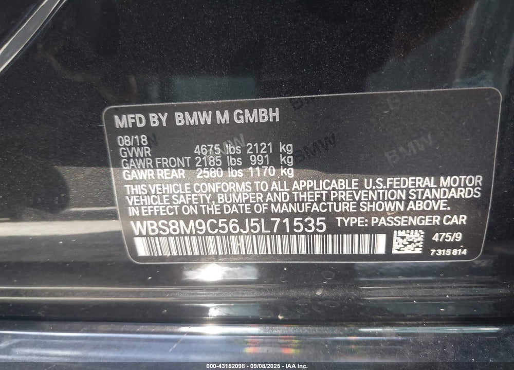 2018 BMW M3 VIN: WBS8M9C56J5L71535