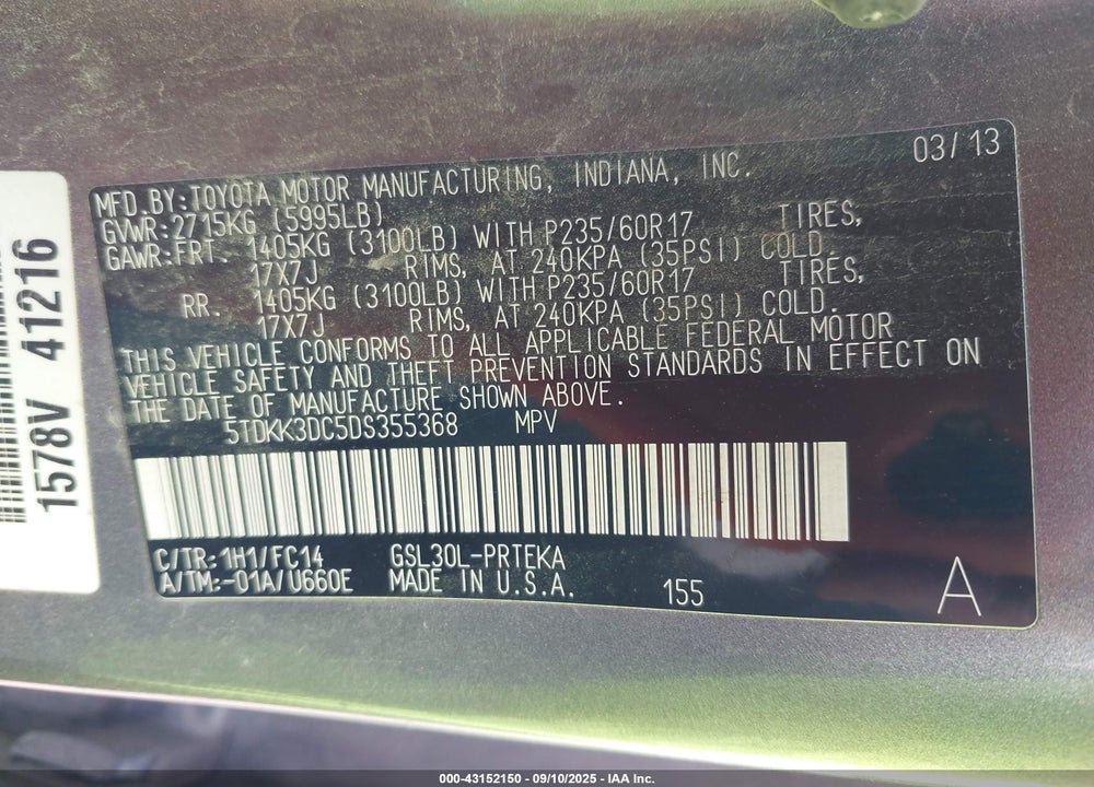 2013 TOYOTA SIENNA VIN: 5TDKK3DC5DS355368