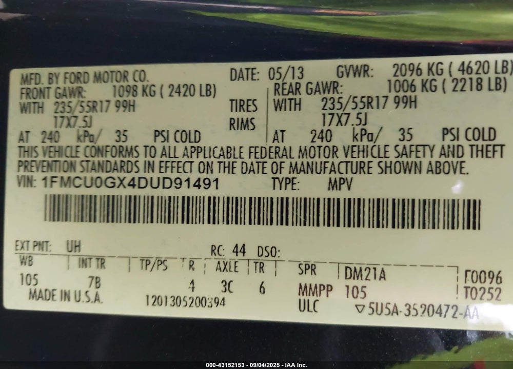 2013 FORD ESCAPE VIN: 1FMCU0GX4DUD91491