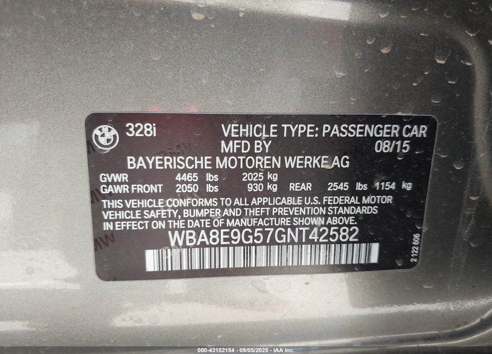 2016 BMW 3 SERIES VIN: WBA8E9G57GNT42582