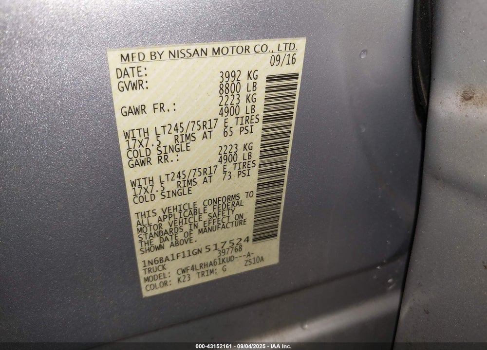 2016 NISSAN TITAN VIN: 1N6BA1F11GN517524