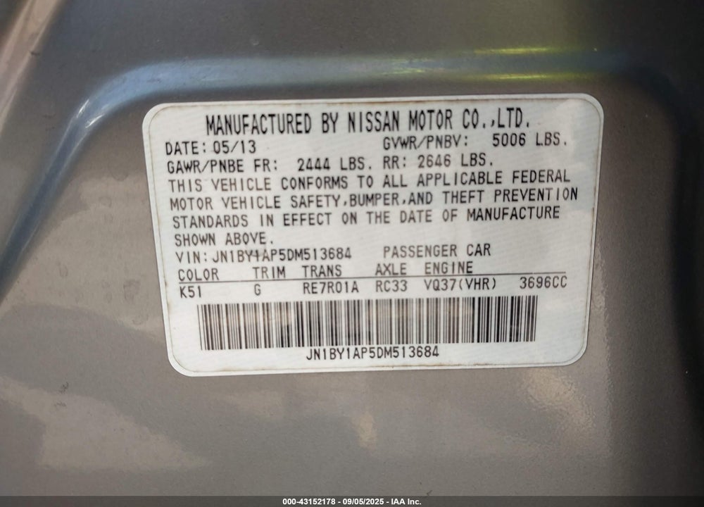 2013 INFINITI M37 VIN: JN1BY1AP5DM513684