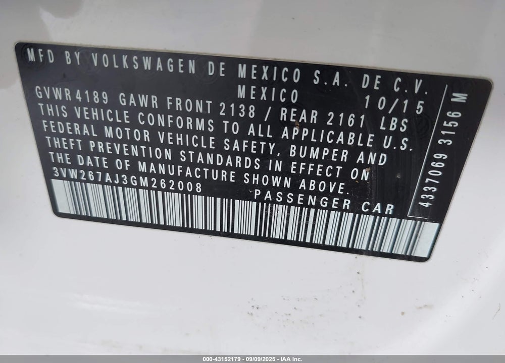 2016 VOLKSWAGEN JETTA VIN: 3VW267AJ3GM262008