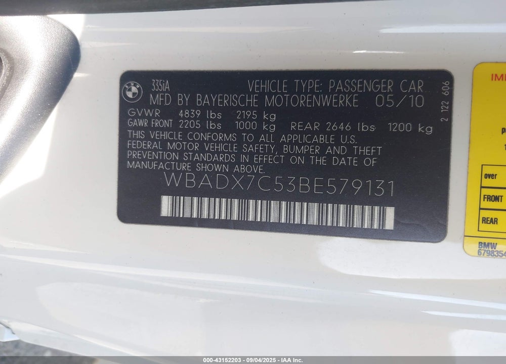 2011 BMW 3 SERIES VIN: WBADX7C53BE579131