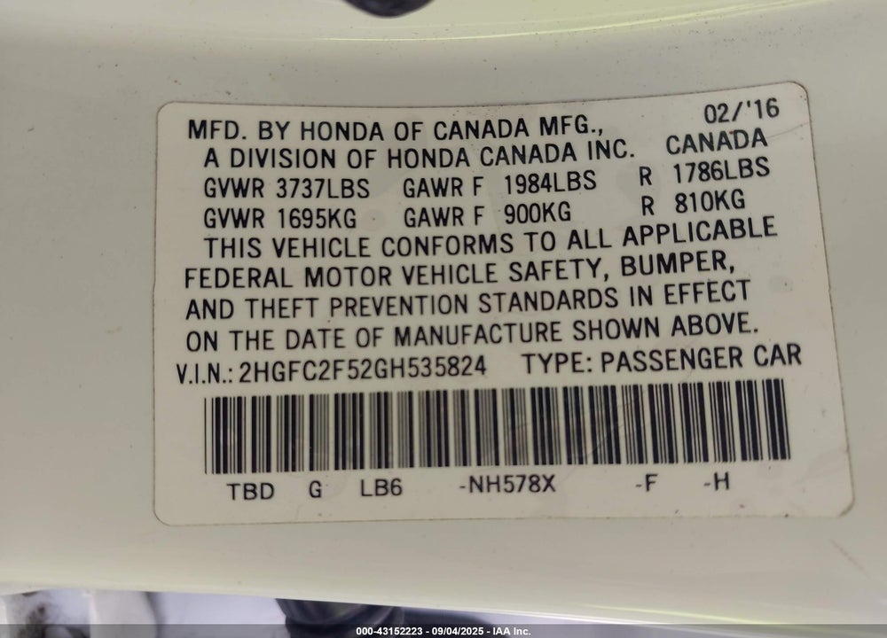 2016 HONDA CIVIC LX VIN: 2HGFC2F52GH535824