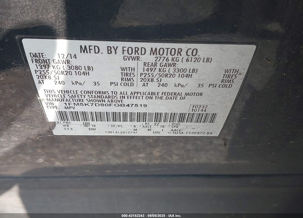 2015 FORD EXPLORER XLT VIN: 1FM5K7D80FGB47519