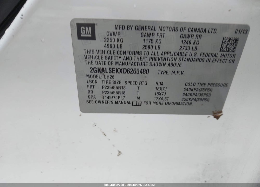 2013 GMC TERRAIN VIN: 2GKALSEKXD6265480